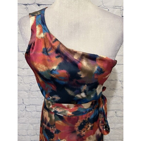 Nicole Miller NY Floral Silky Split Leg One Shoulder Maxi Dress Belted Size 6 - Picture 5 of 9